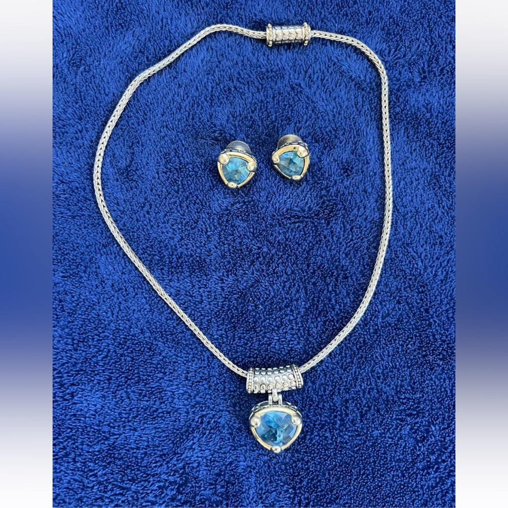 MX Michael Morrison blue stone Necklace Earrings Set silver gold rope Vintage 80